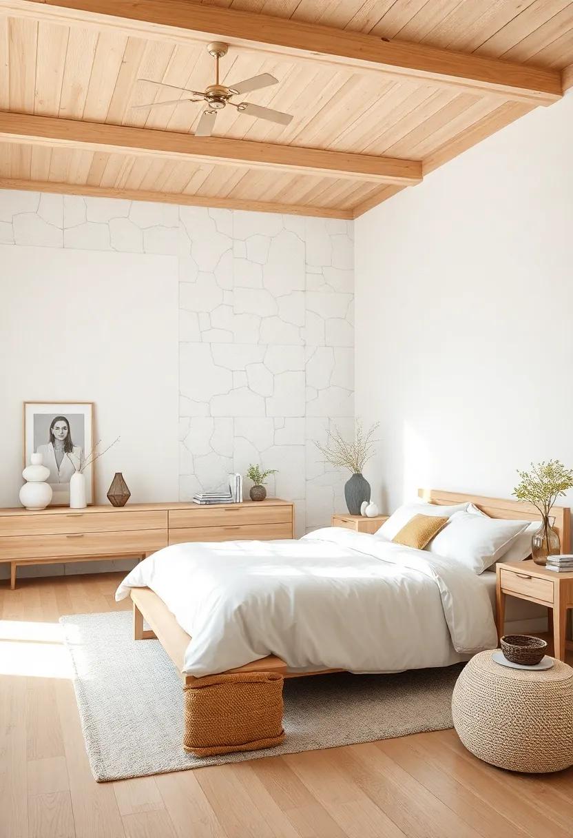 Clean Lines of Scandinavian Furniture Blending Light Natural Wood and Matte White Finishes in a Spacious Bedroom