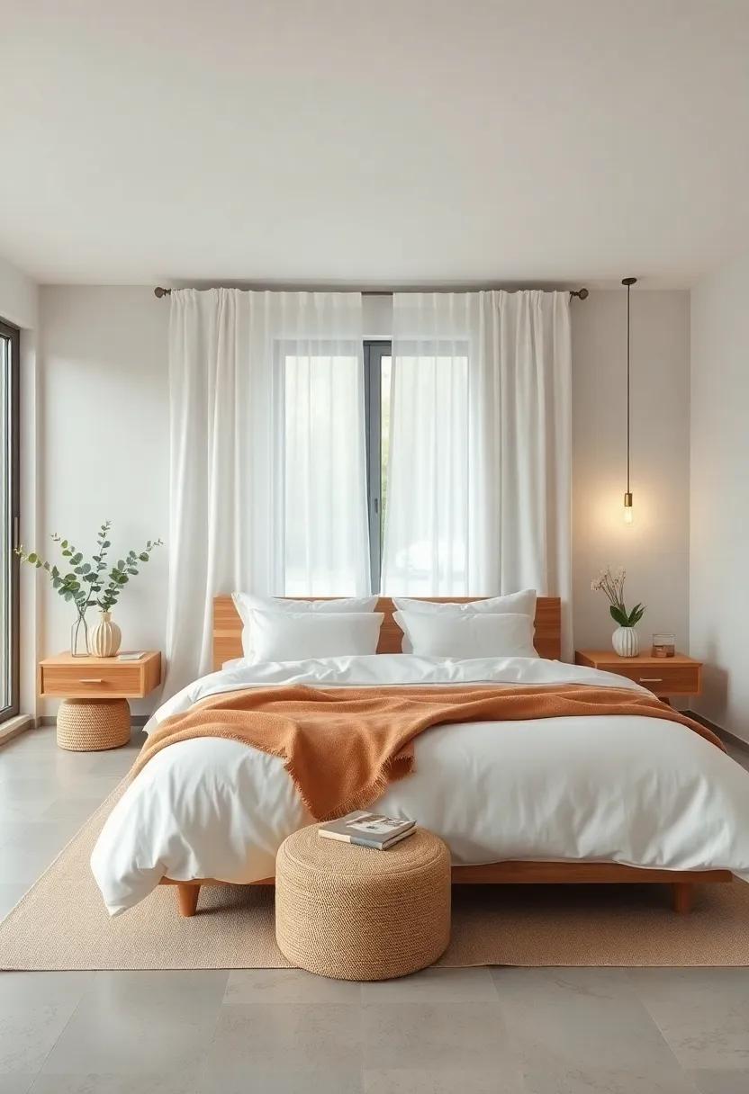 Calm and Inviting Scandinavian Bedroom Featuring Simple Wooden Nightstands and White Linen Curtains