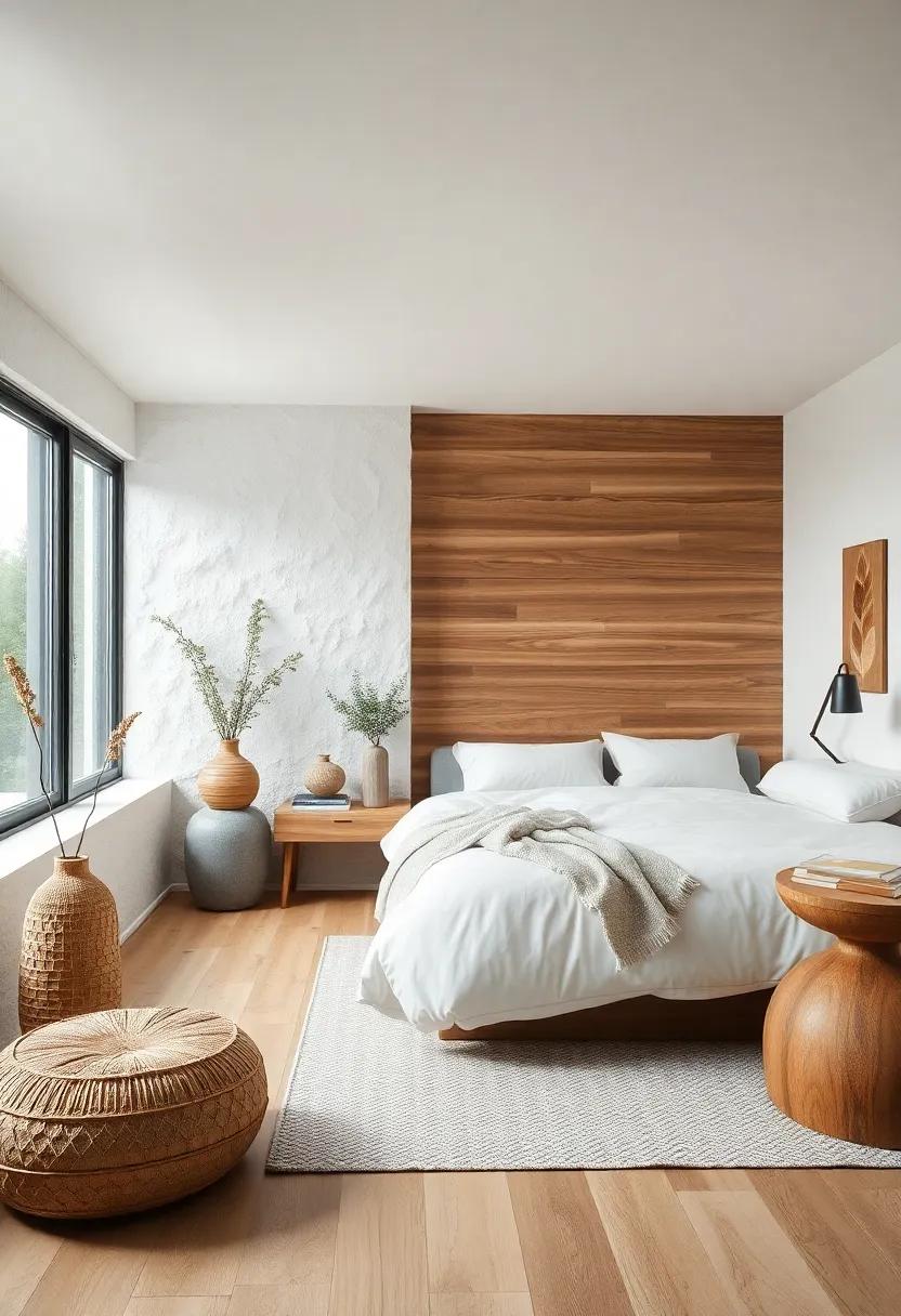 Textured White Walls Contrasting with Smooth Raw Wood Surfaces to Define Space in Nordic Bedroom Design