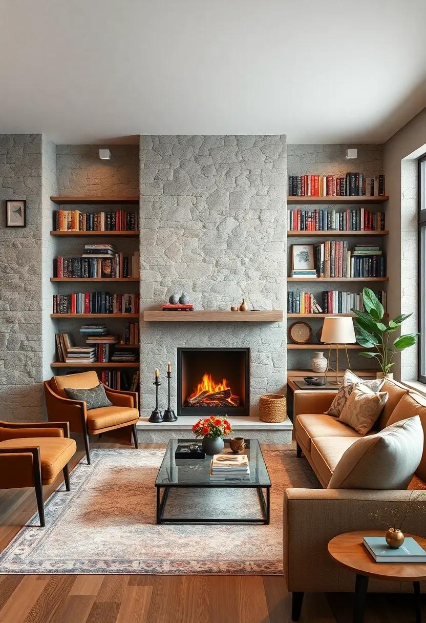 Book-Laden Living Walls Flanking a Fireplace for a Cozy Intellectual Ambiance in Limited Space