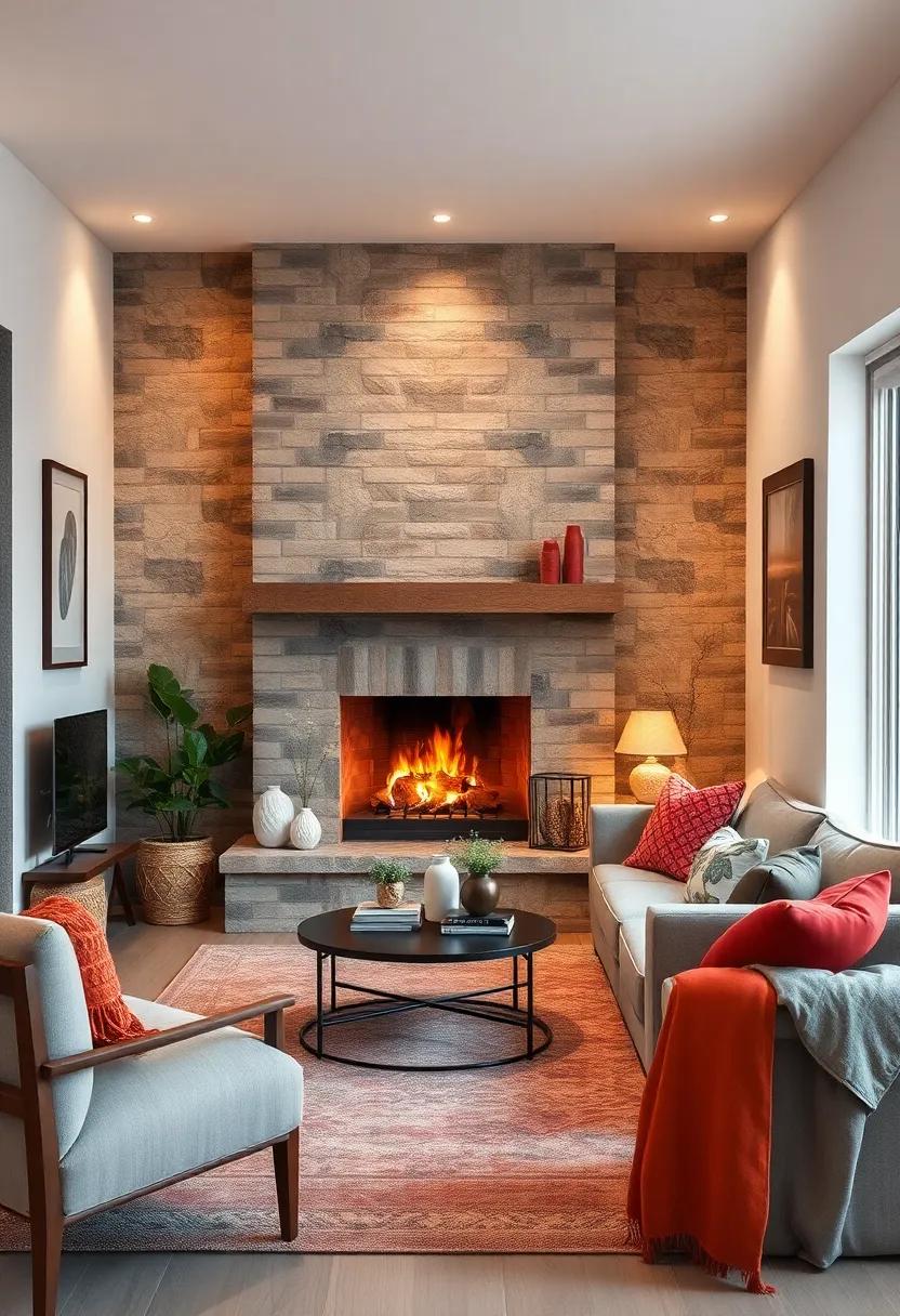 Cozy Corners Illuminated by the Warm Glow of a Classic Brick Fireplace in a Compact Living Space