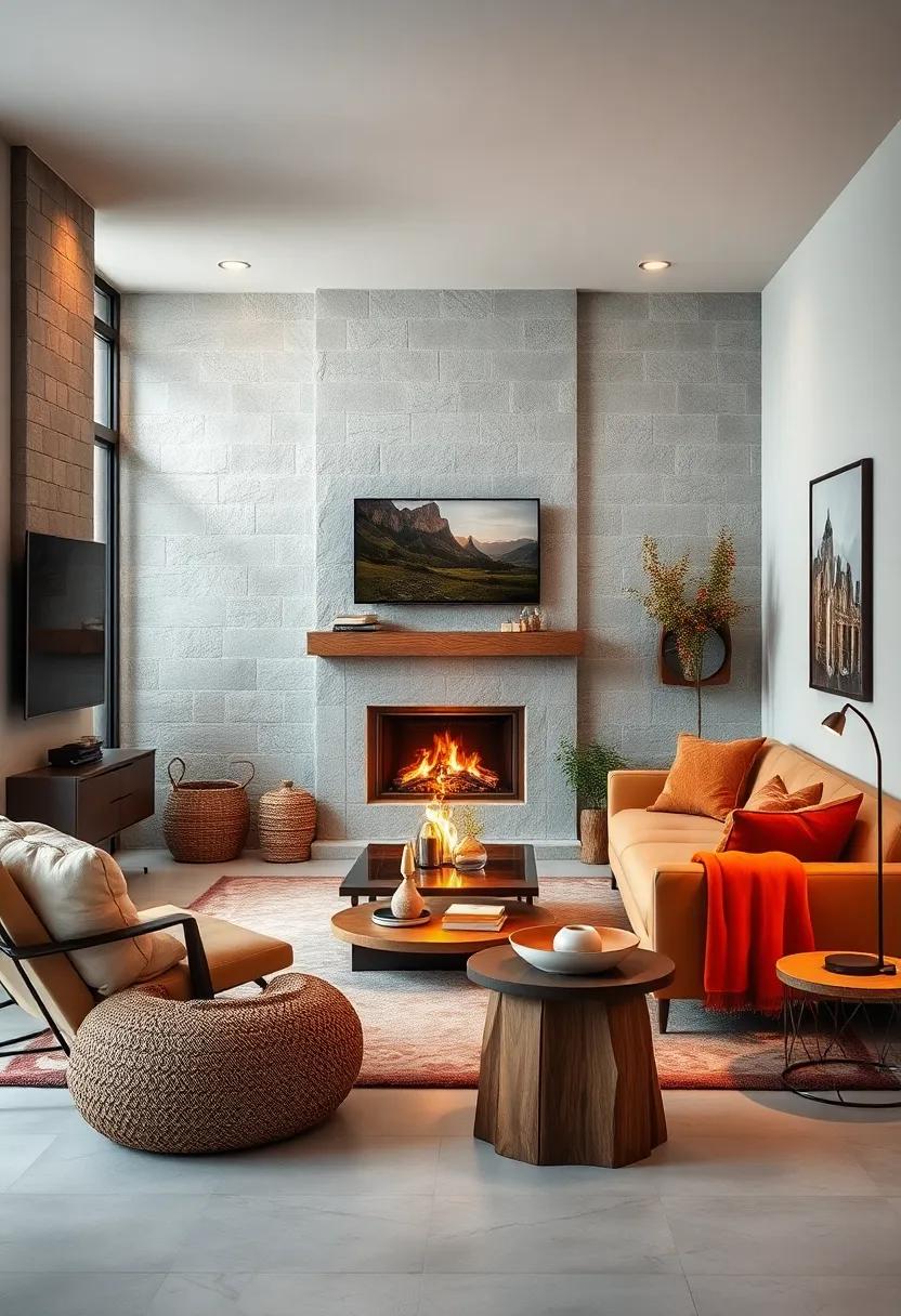 Glowing Fireplace Settings Paired with Natural Wood Elements for Organic Warmth in a Small Room
