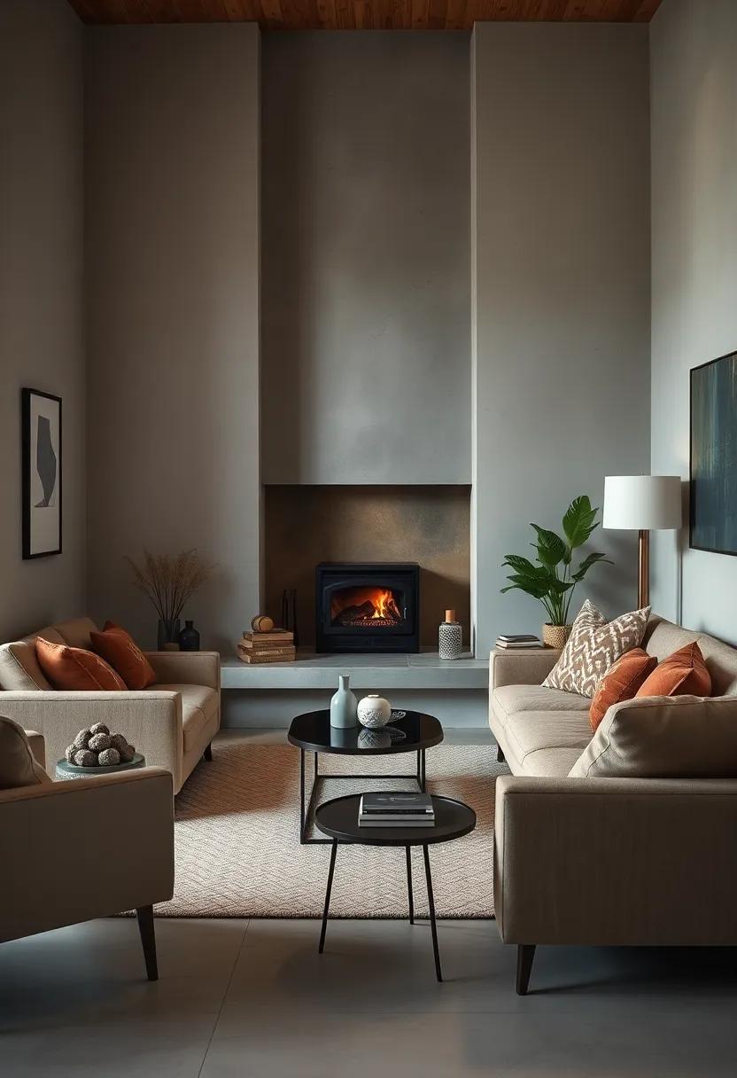 Minimalist Furniture Arrangement Framing a Vintage Wood-Burning Fireplace in an Intimate Setting