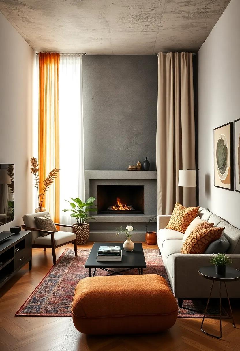 Natural Light Pouring Through Sheer Curtains onto a Fireplace Nook in a Small Urban Apartment