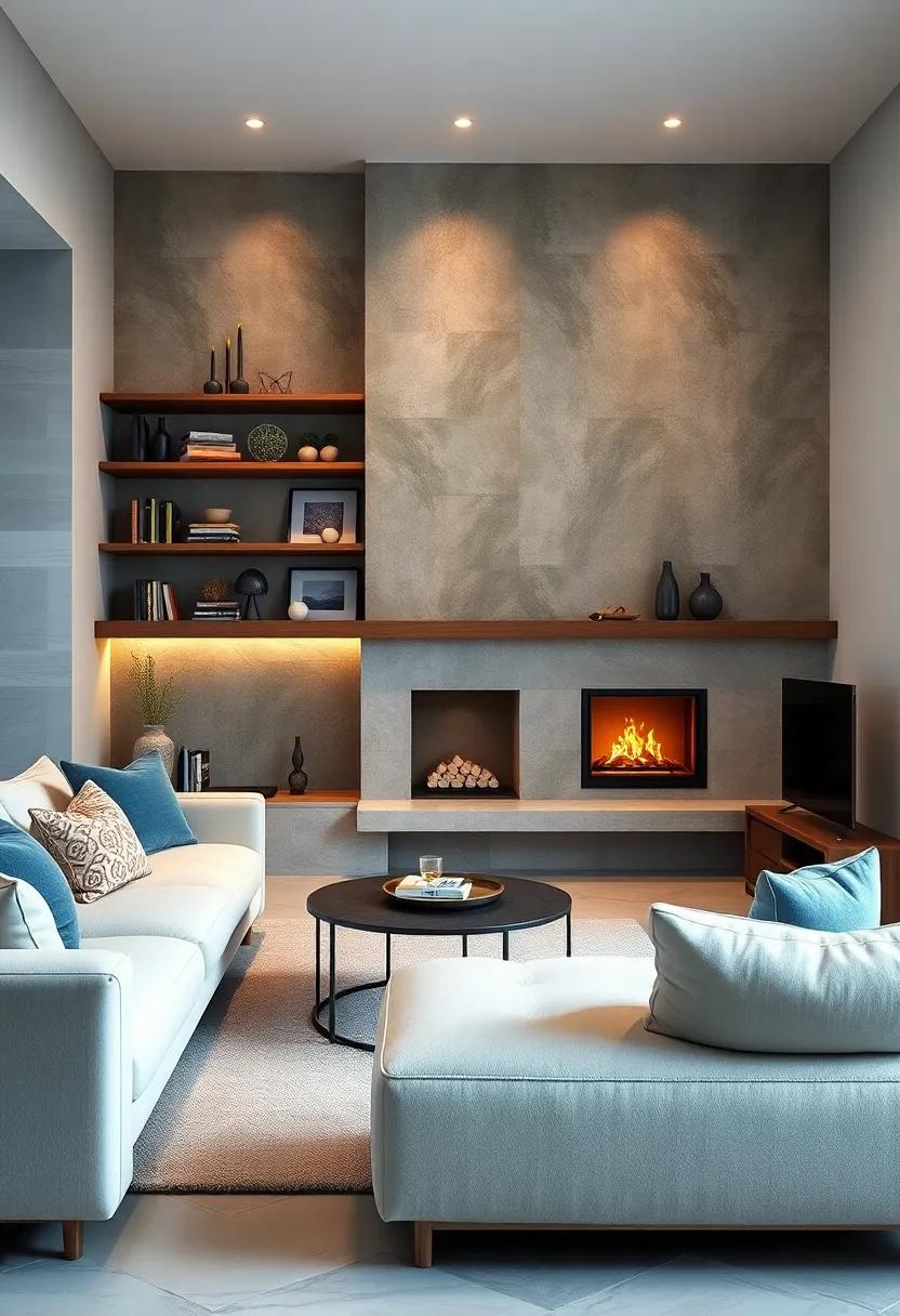Open Shelving Displaying Curated Decor Near a Small Fireplace Adding Elegant Warmth