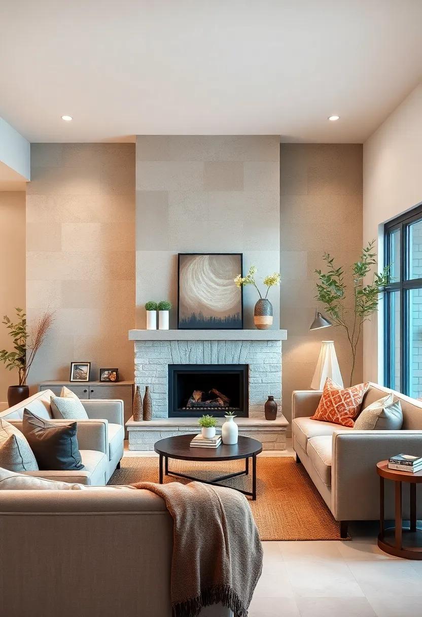 Soft, Earthy Wall Colors Amplifying the Welcoming Atmosphere Around a Small Fireplace
