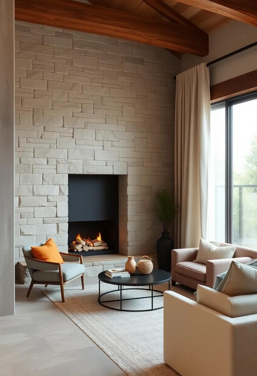 Soft Drapery Billowing Near a Fireplace Corner Creating an Airy Yet Intimate Feel in Limited Space