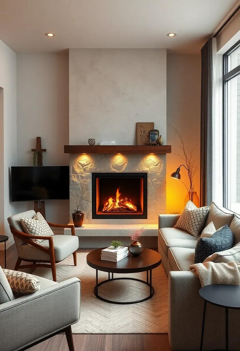 Subtle Accent Lighting Highlighting the Stone Surround of a Fireplace in a Compact Cozy Room