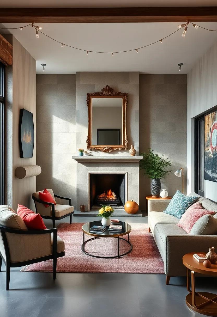 Vintage Mirrors Mounted Above Fireplaces Amplifying Light and Space in Compact Living Areas