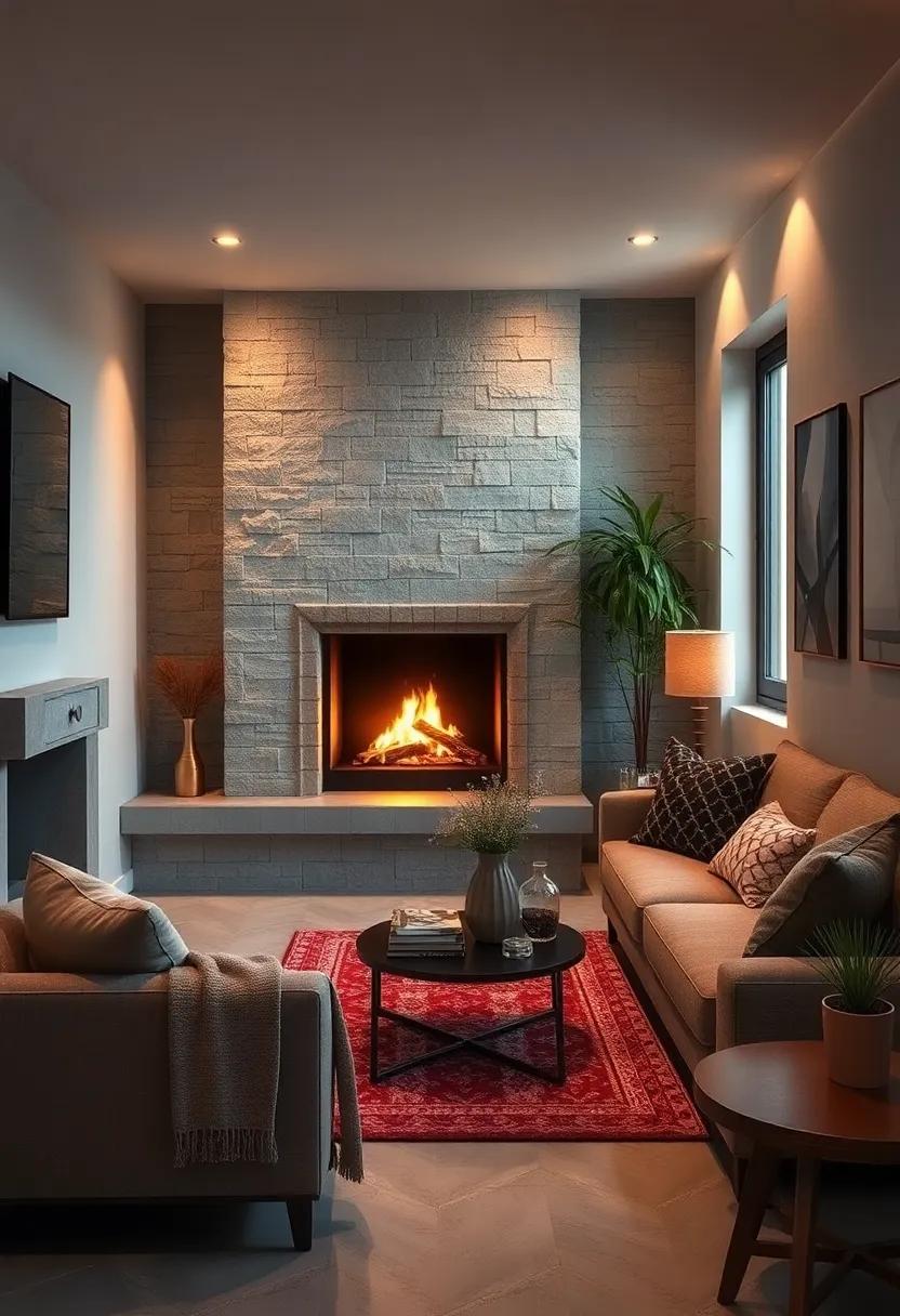 Warm Metallic Accents Complementing the Flicker of Flames in a Tiny but Stylish Living Space