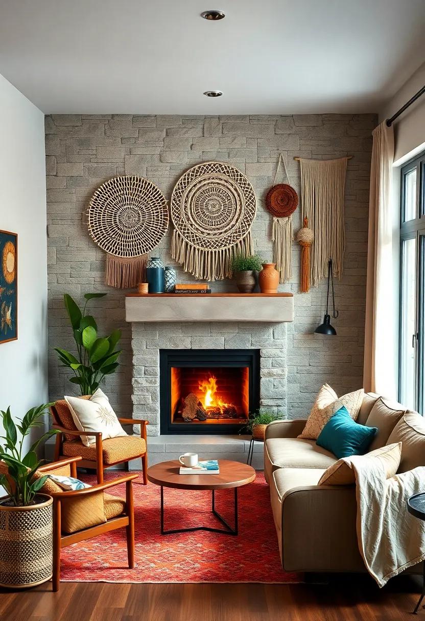 Woven Wall Hangings and Macrame Accents Near a Fireplace Infusing Boho Charm into a Petite Space