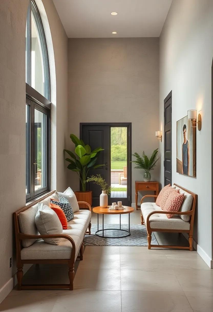 Inviting Softness Expressed Through Curated Upholstery Selections in Rustic Entry Vignettes