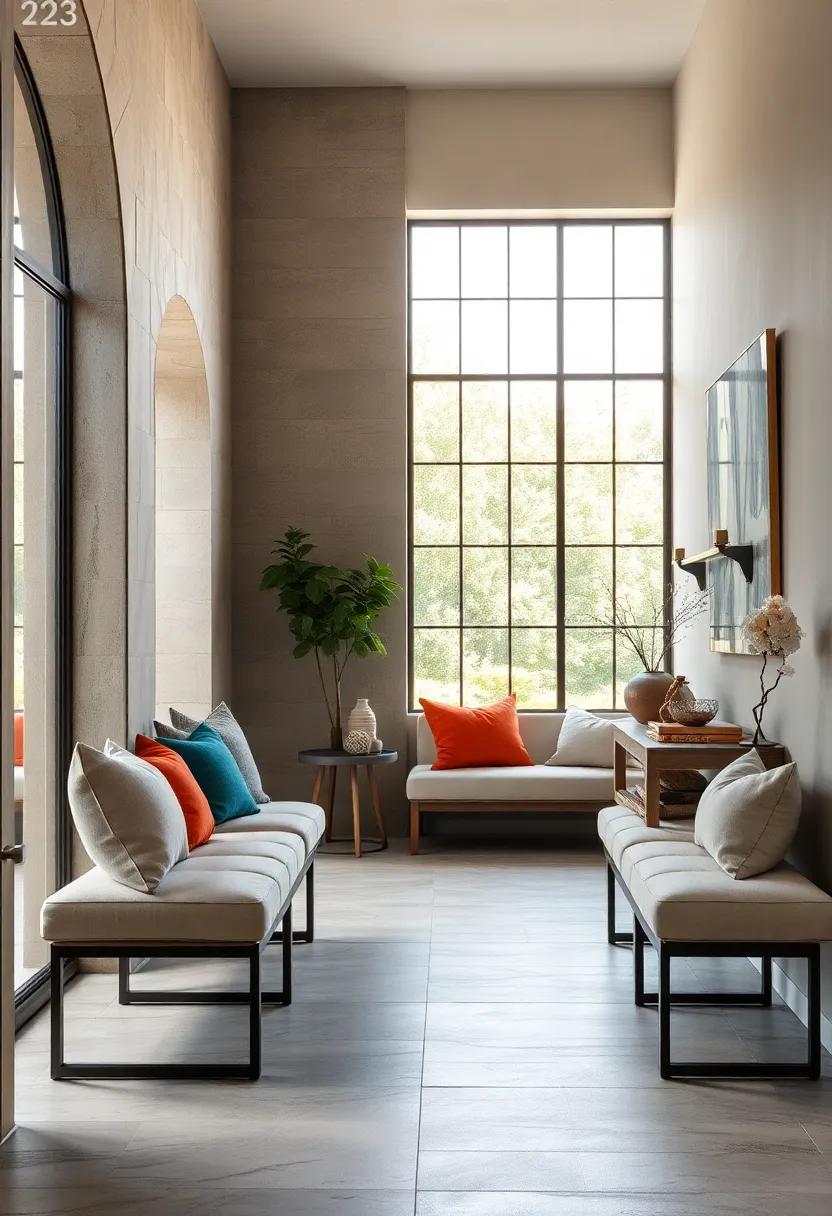 Natural Color Palettes Blending Soft Upholstered Benches Seamlessly into Modern Entryways