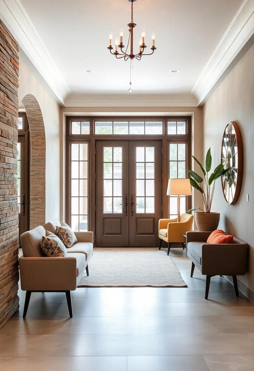 Warm and Inviting Entry Spaces Framed by Low-profile Soft Upholstered Benches with Chic Legs