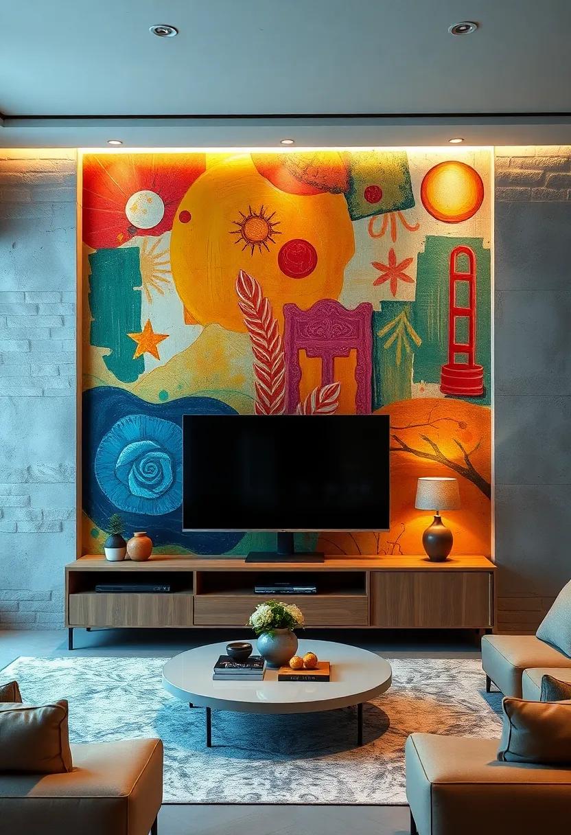 Add Artistic Flair With a Hand-Painted Mural That Wraps Around the TV for a Bold and Immersive Viewing Environment
