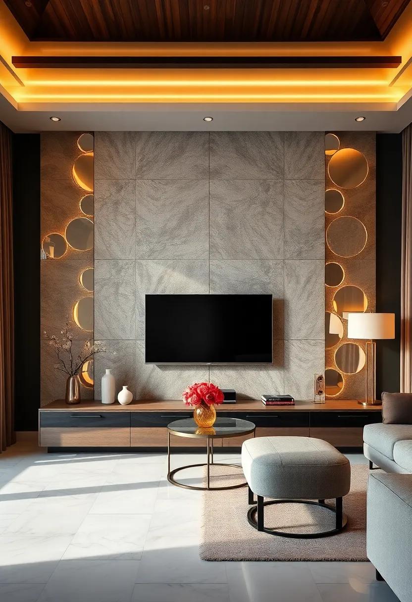Add a Touch of Glamour to Your TV Wall With Metallic Accents and Mirrored Surfaces Reflecting Light Elegantly