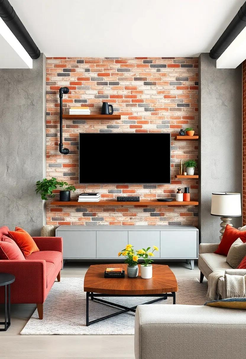Combine Industrial Elements Like Exposed Brick and Metal Pipe Shelving to Frame Your TV With Urban Edge