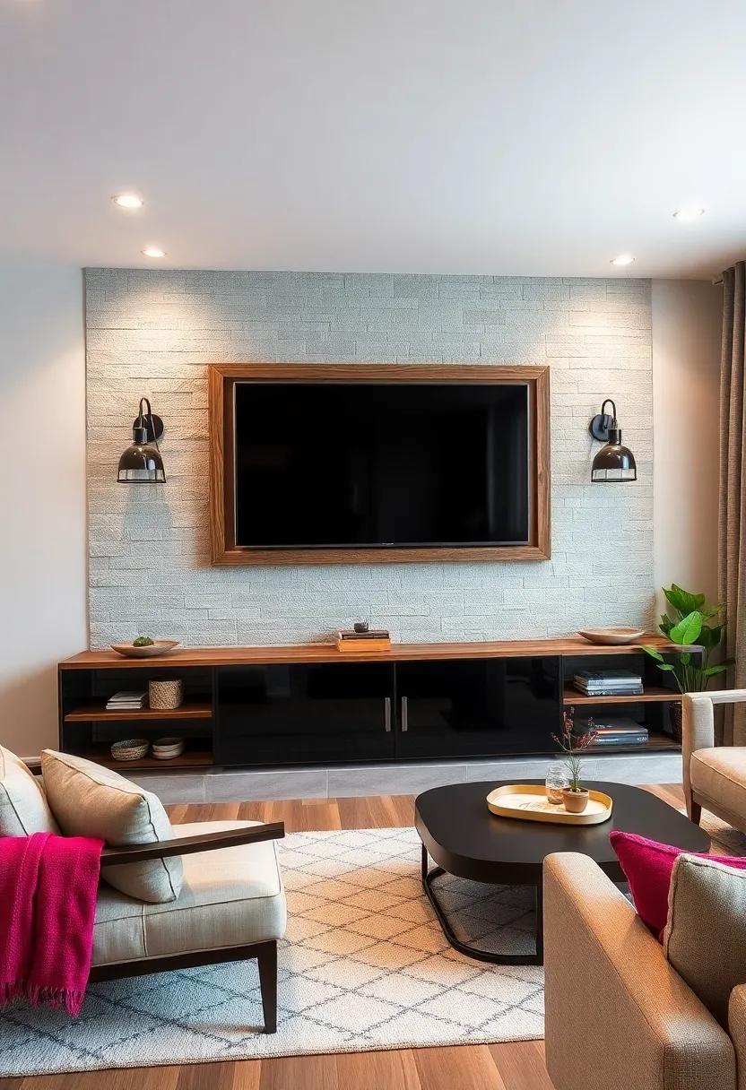 Combine Rustic Charm and Modernity With Reclaimed Wood Frames and Industrial Metal Fixtures Flanking the TV