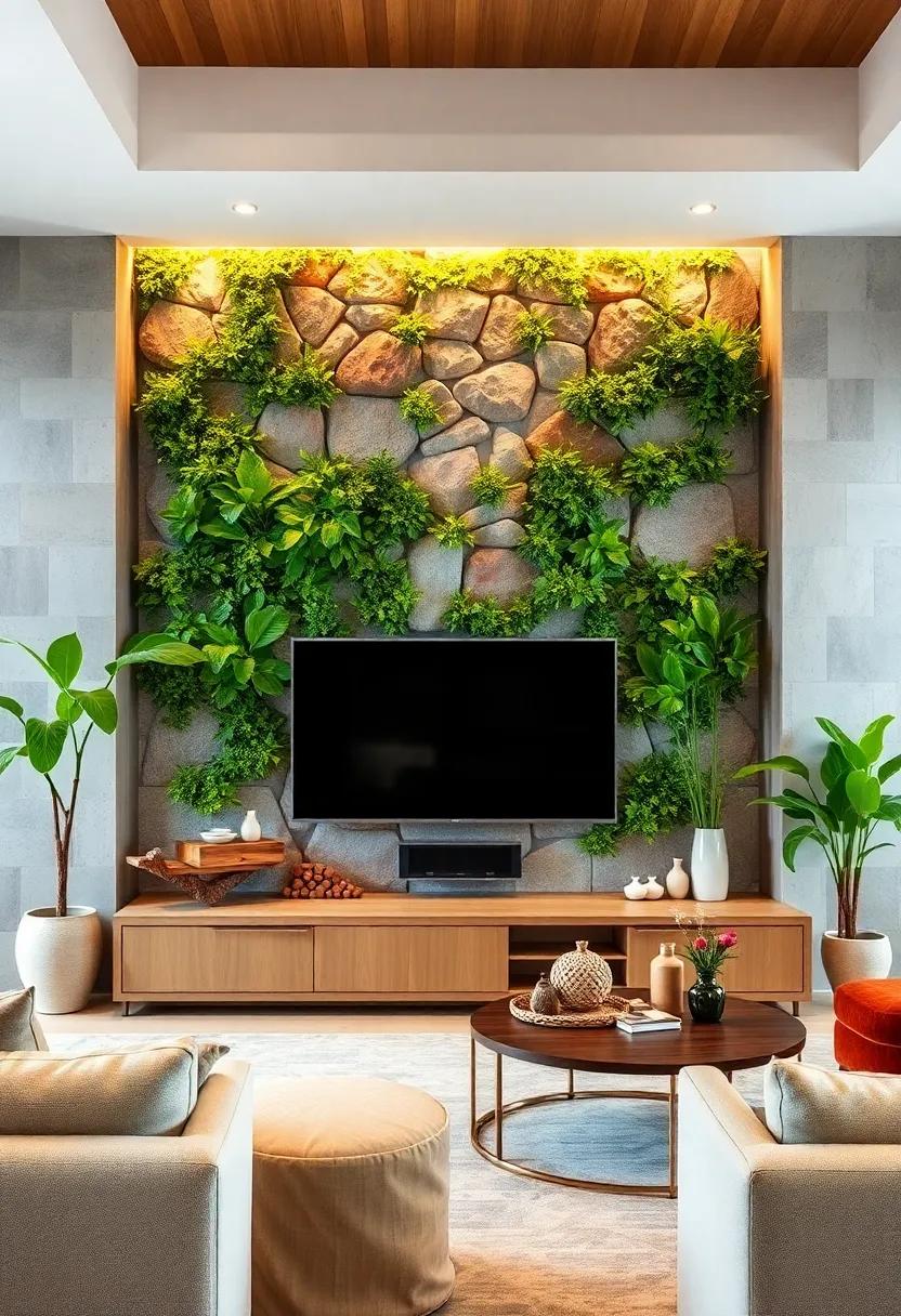 Craft a Nature-Inspired TV Wall by Integrating Vertical Garden Elements and Natural Stone Textures
