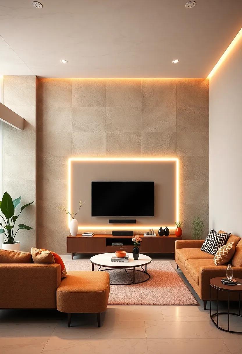 Create a Futuristic Feel by Using Glossy Acrylic Panels and Neon Edge Lighting Around the TV Wall Area