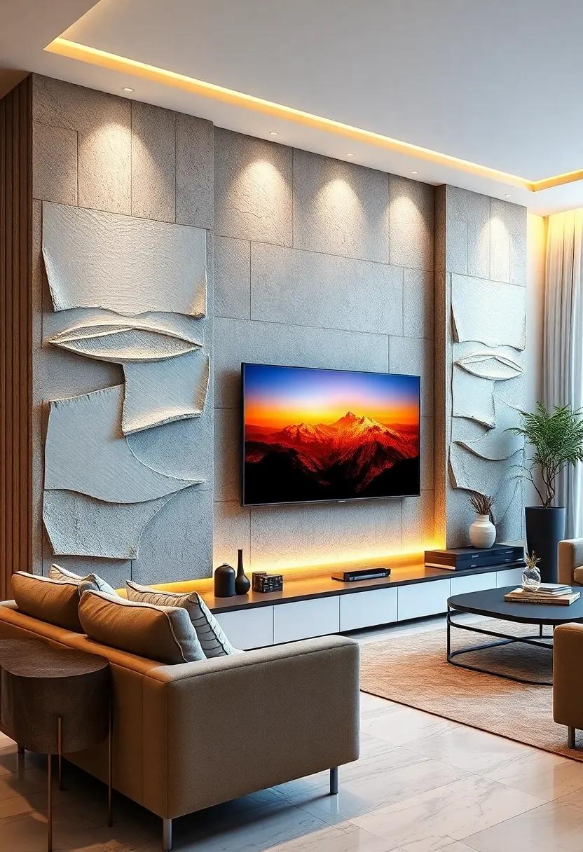 Create a Sculptural TV Wall Using Textured 3D Panels and Statement Lighting to Elevate Visual Appeal