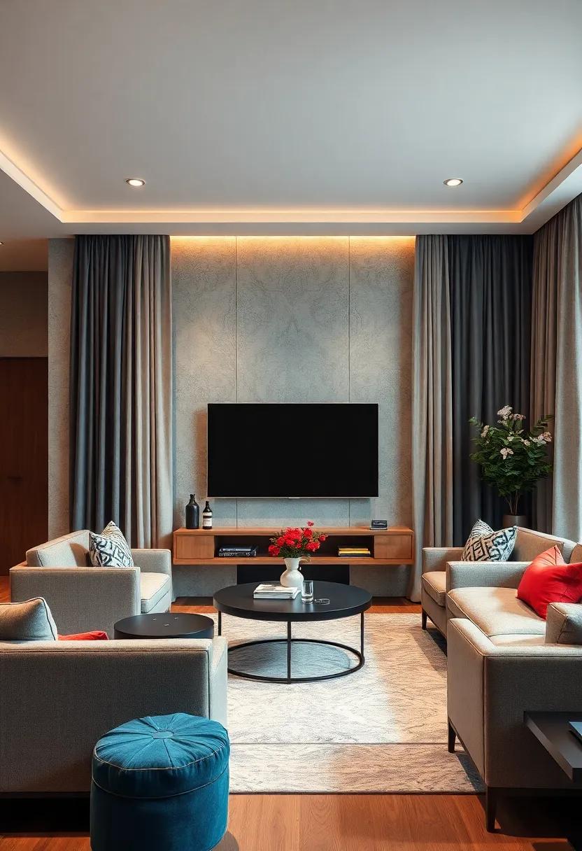 Create a Stylish Focal Point by Surrounding the TV With Dramatic Floor-to-Ceiling Curtains in Luxurious Fabric