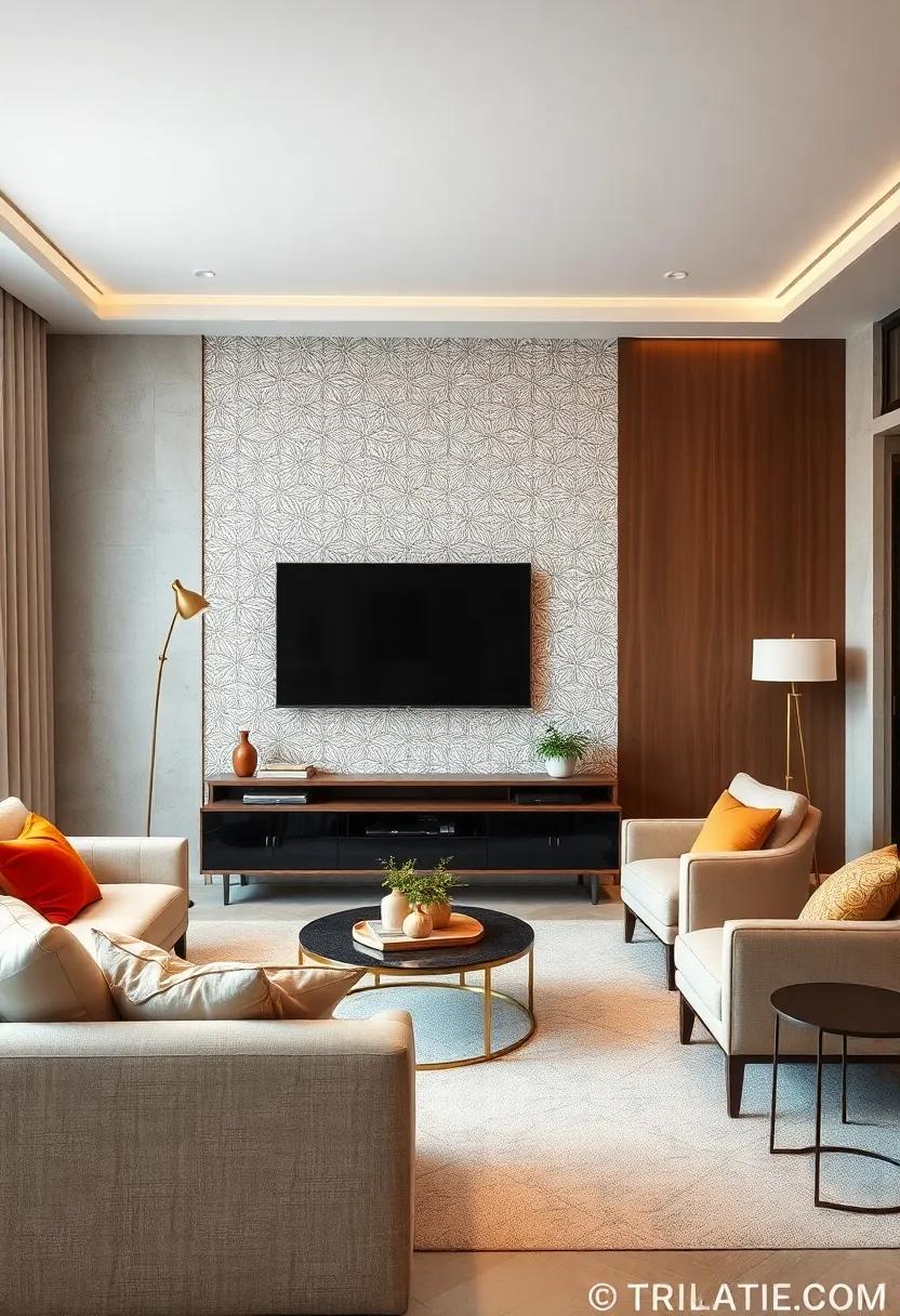Design a Chic TV Wall Using Geometric Patterned Wallpaper That Adds Visual Interest Without Overwhelming the Room
