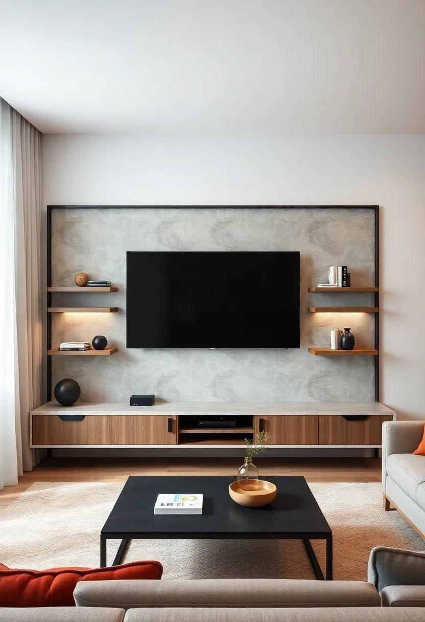 Elevate Your Living Room Ambiance With Minimalist Floating Shelves Surrounding The TV For A Sleek Look
