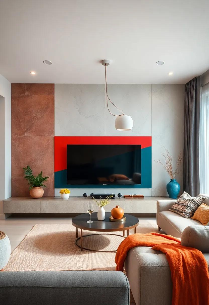 Experiment With Bold Color Blocking on the TV Wall That Contrasts With the Surrounding Décor for a Striking Effect