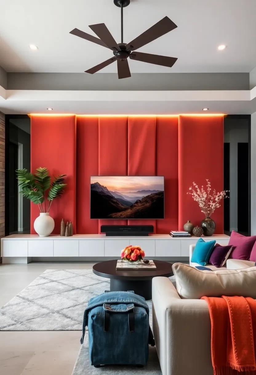 Highlight the TV With a Backdrop of Soft Fabric Panels in Rich Jewel Tones Providing Both Comfort and Style