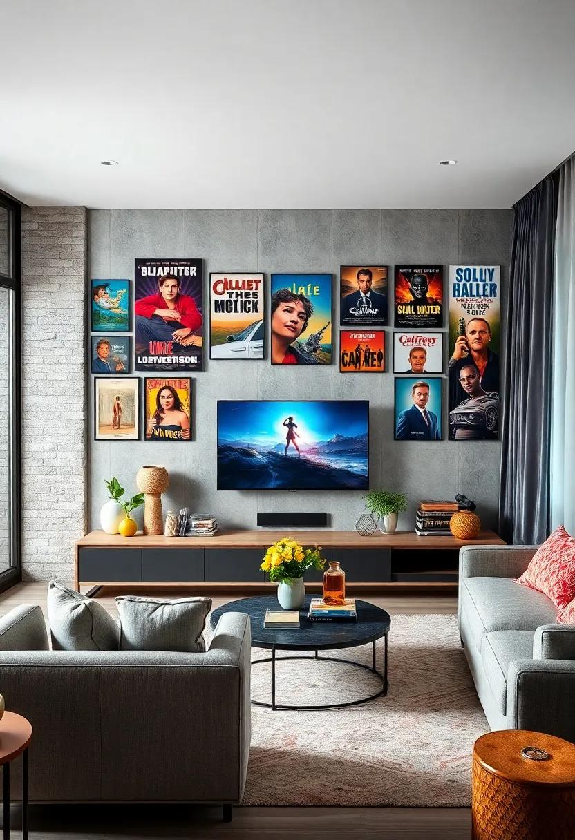 Incorporate Vintage Movie Posters and Retro Film Memorabilia on the TV Wall for a Cinematic Vibe