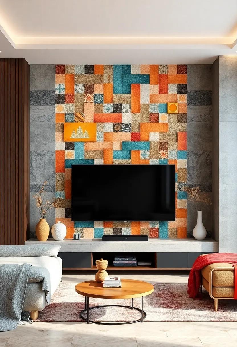 Showcase Colorful Tilework or Mosaic Patterns Behind the TV to Create a Unique Artistic Backdrop