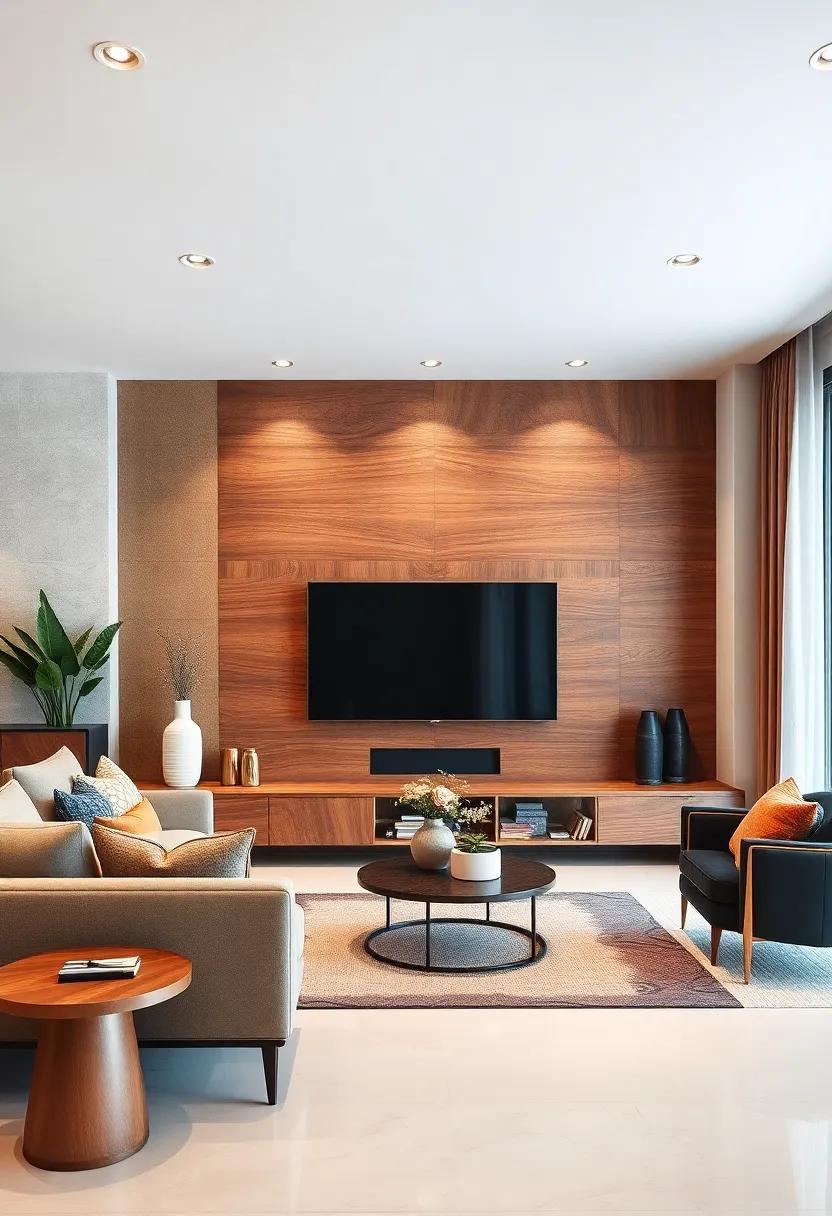 Showcase Mid-Century Modern Design on the TV Wall With Sleek Walnut Finishes and Angular Decorative Elements