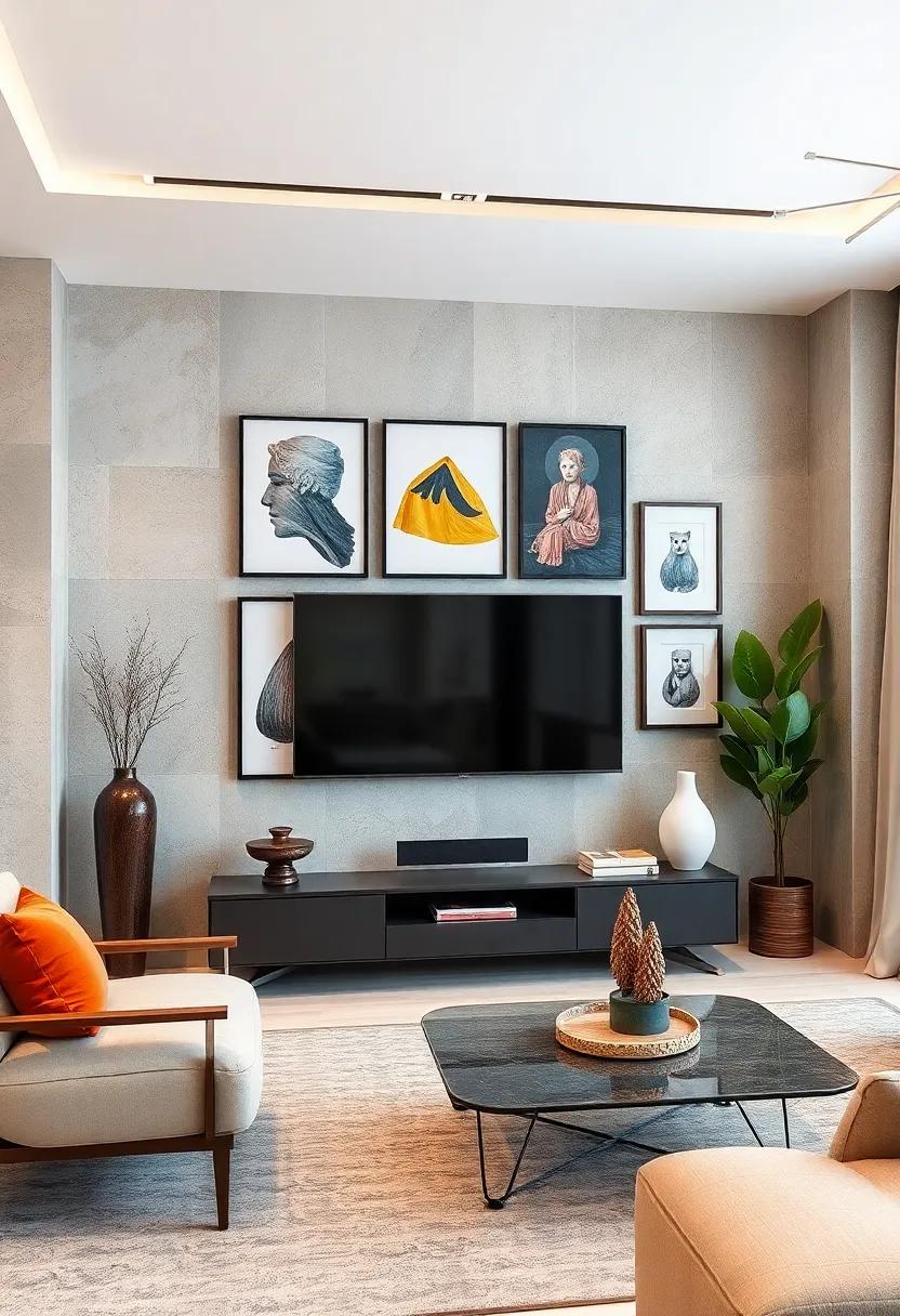 Transform Your TV Wall Into a Gallery Space Featuring Modern Art Prints and Sculptures Harmoniously Arranged