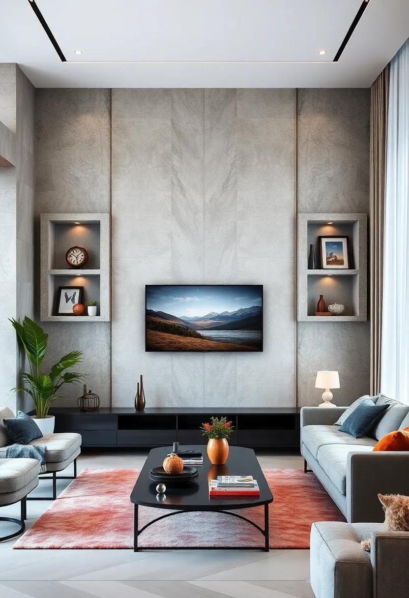 Use Asymmetrical Wall Niches Around the TV to Display Unique Collectibles and Paintings in a Dynamic Composition