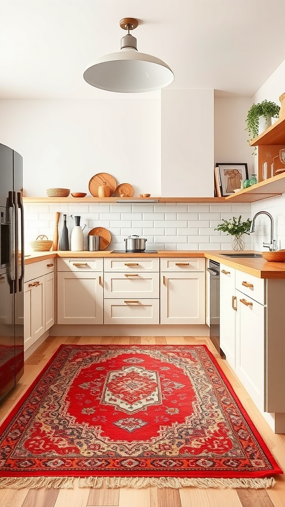 red rugs to define kitchen spaces