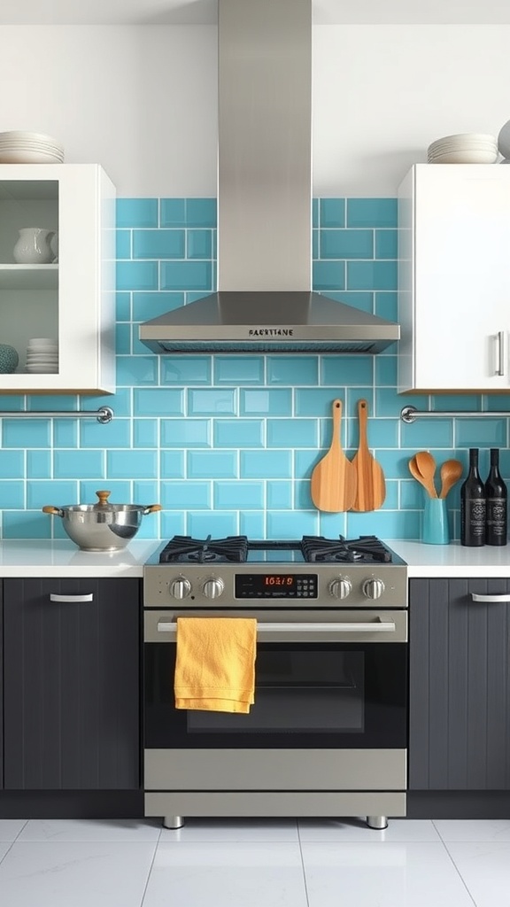 Sky blue tile backsplash