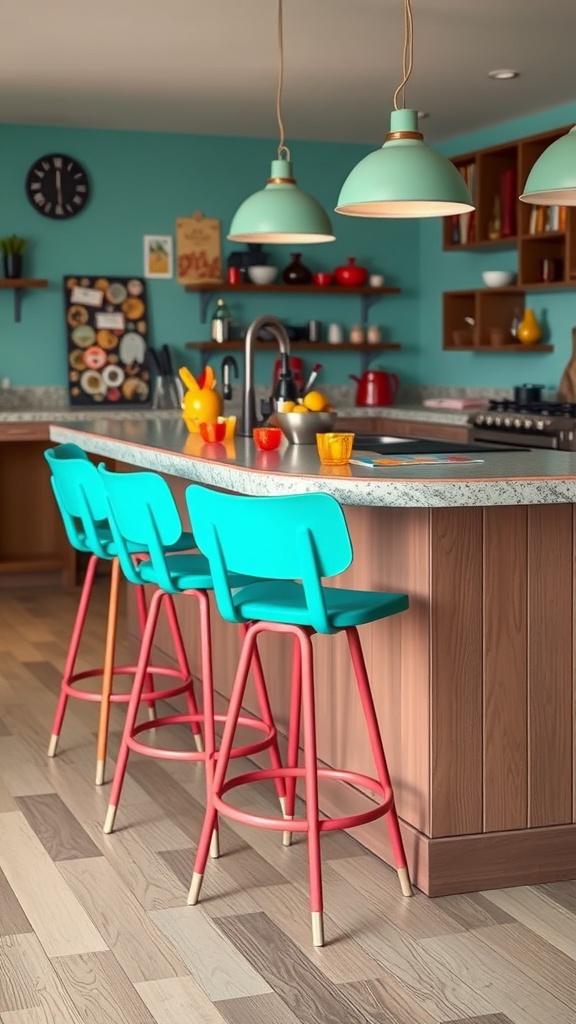Turquoise bar stools in kitchen