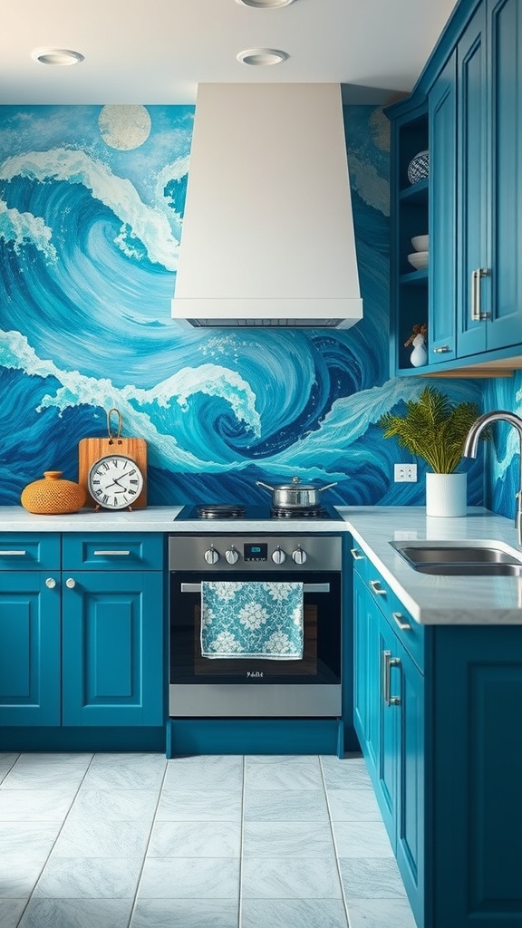 Ocean wave inspired kitchen mural