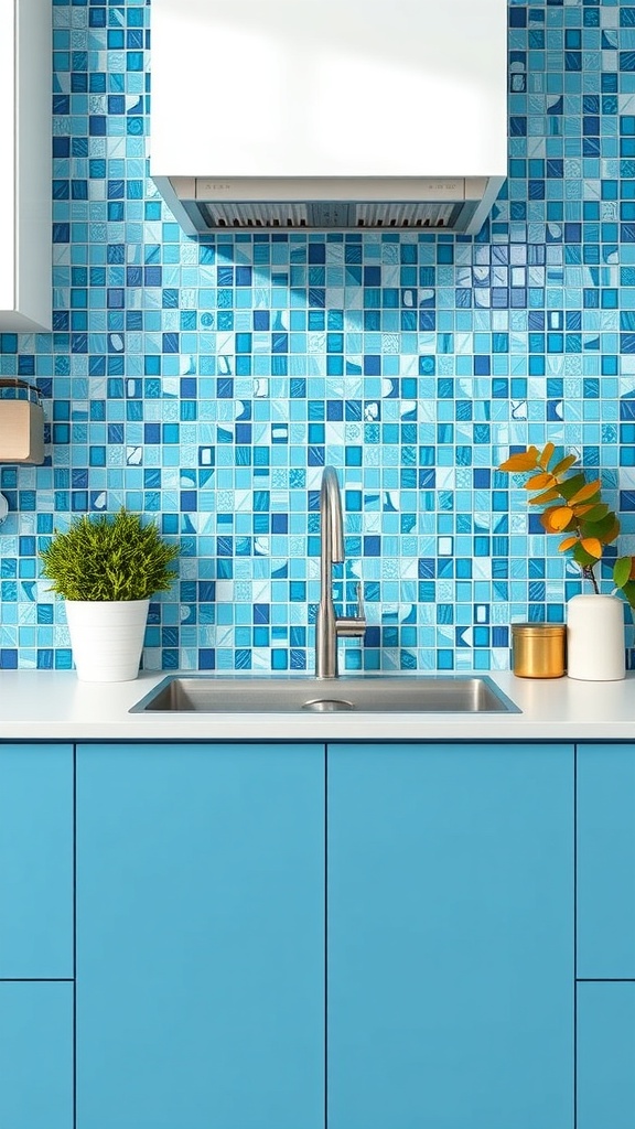 Blue mosaic tile backsplash