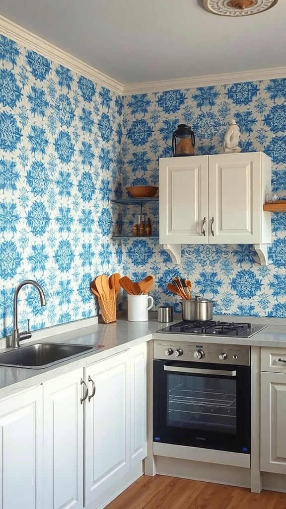 Blue patterned kitchen wallpaper