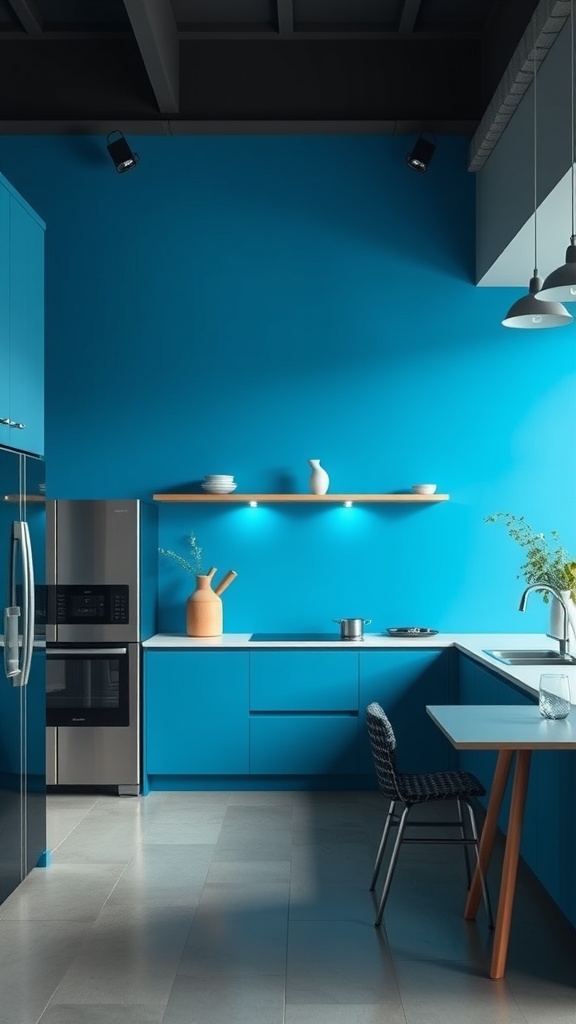 Electric blue accent wall in kitchen