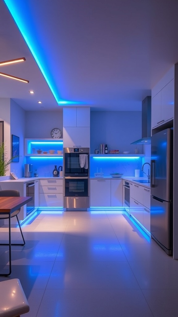 Blue accent lighting in kitchen