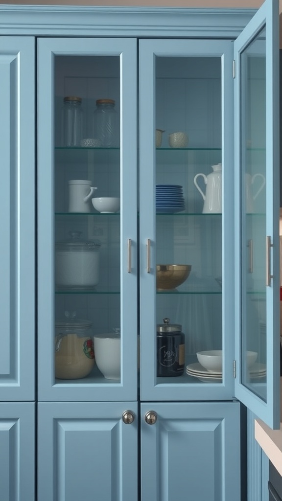 Frosted blue glass kitchen cabinets