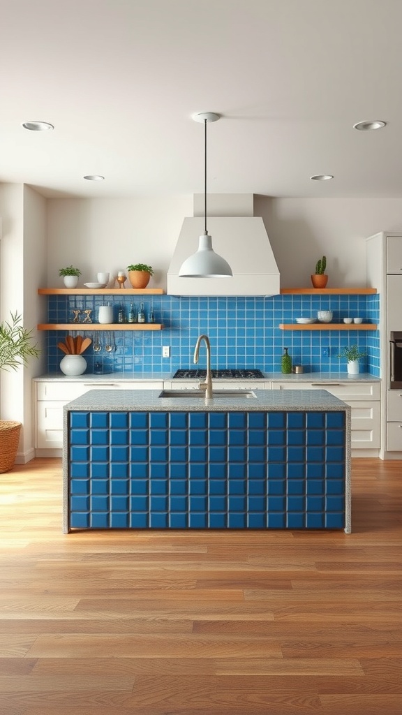 Blue tiled kitchen island