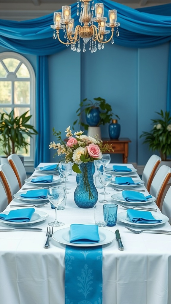 Blue themed dining table setting