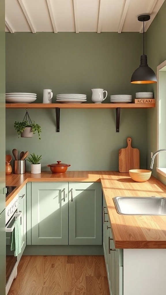 pairing sage green with natural wood