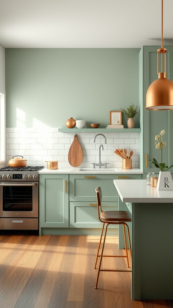 sage green and metallic accents