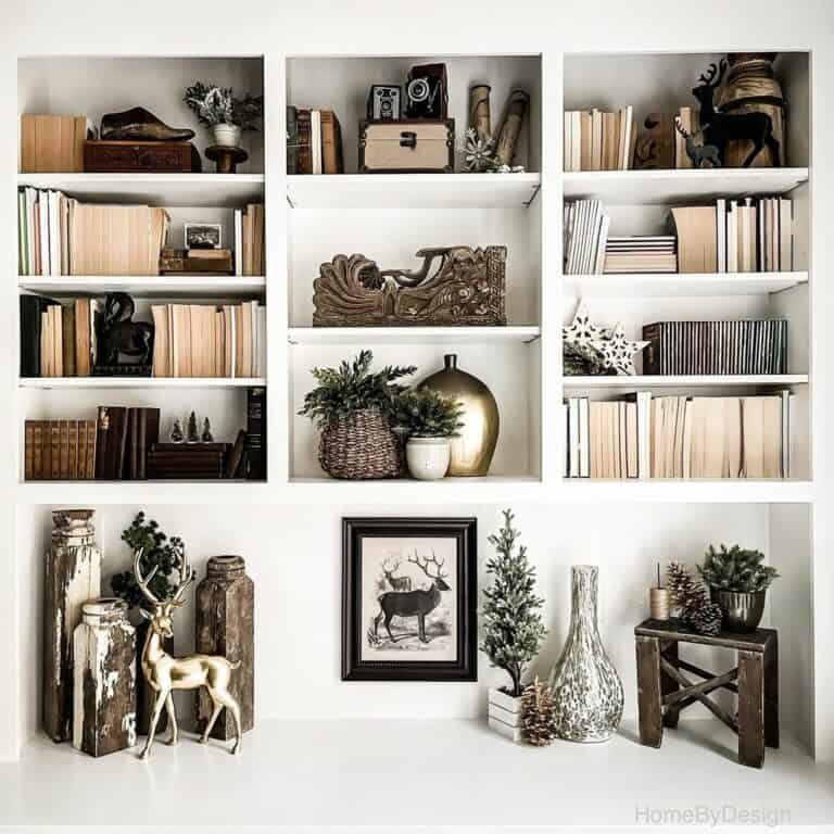 Winter-Themed White Bookcase Styling