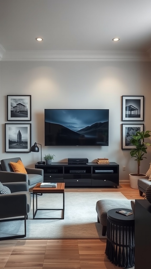 framed black and white artwork around TV